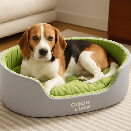 Dog lying on a 'Good Luck' pet bed in a home setting