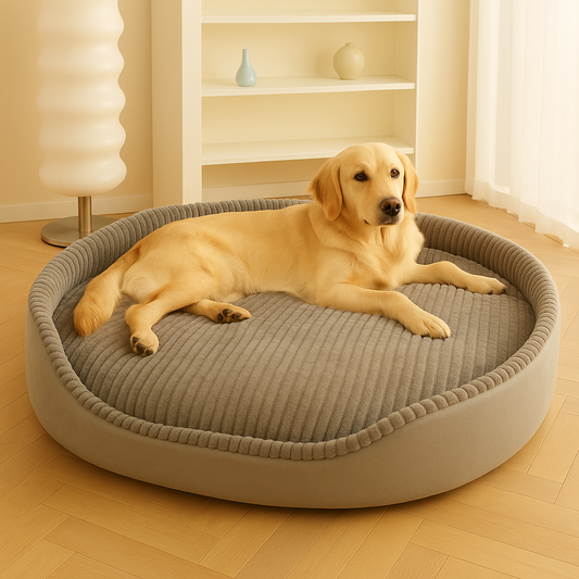 Dog lying on a large pet bed in a room with wooden flooring and shelves.
