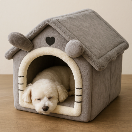 Dog lying in a gray pet house with a heart emblem on a wooden floor.
