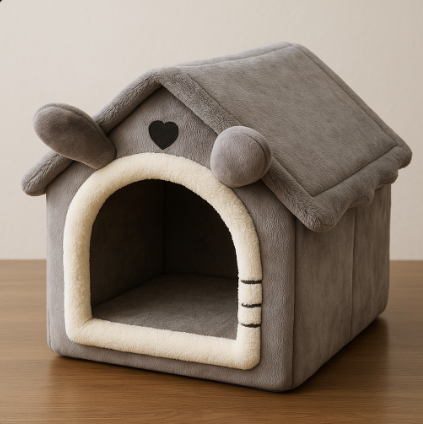 Gray pet house with heart design on a wooden surface