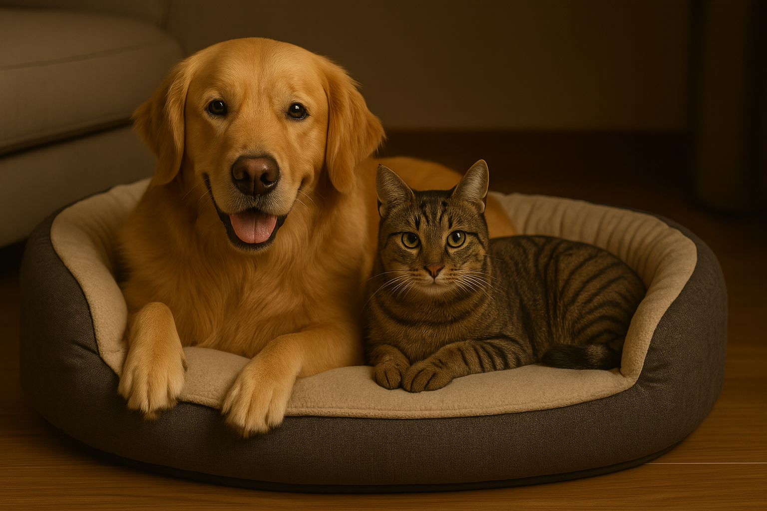 Dog and cat lying on a pet bed together in a dimly lit room.