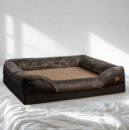 Brown and black pet bed on a white surface with a white background