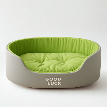 Green and gray pet bed with 'GOOD LUCK' text on a white background