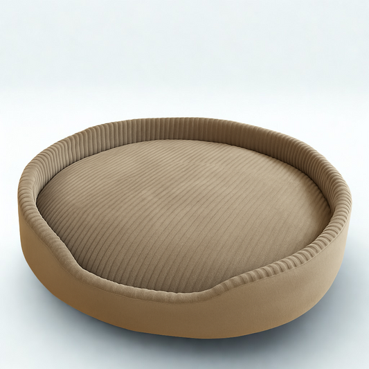 Beige pet bed with ribbed texture on a light gray background