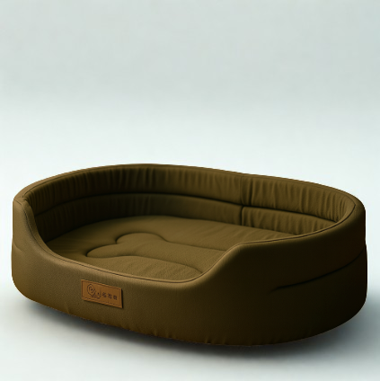 Brown pet bed with a visible brand label on a white background