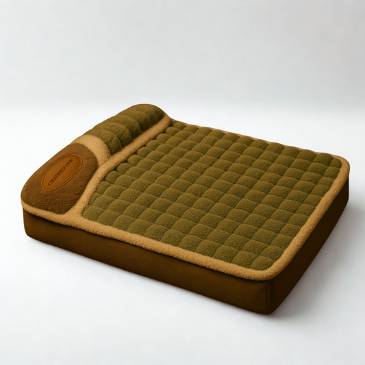 Brown and green quilted pet bed on a white background