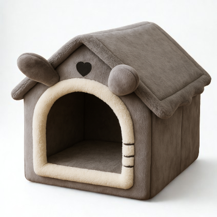 Brown pet house with heart design on a white background