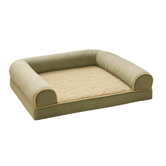 Beige pet bed with quilted cushion on a white background