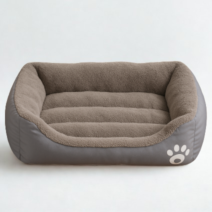 Dog bed with brown cushion and gray exterior on a white background